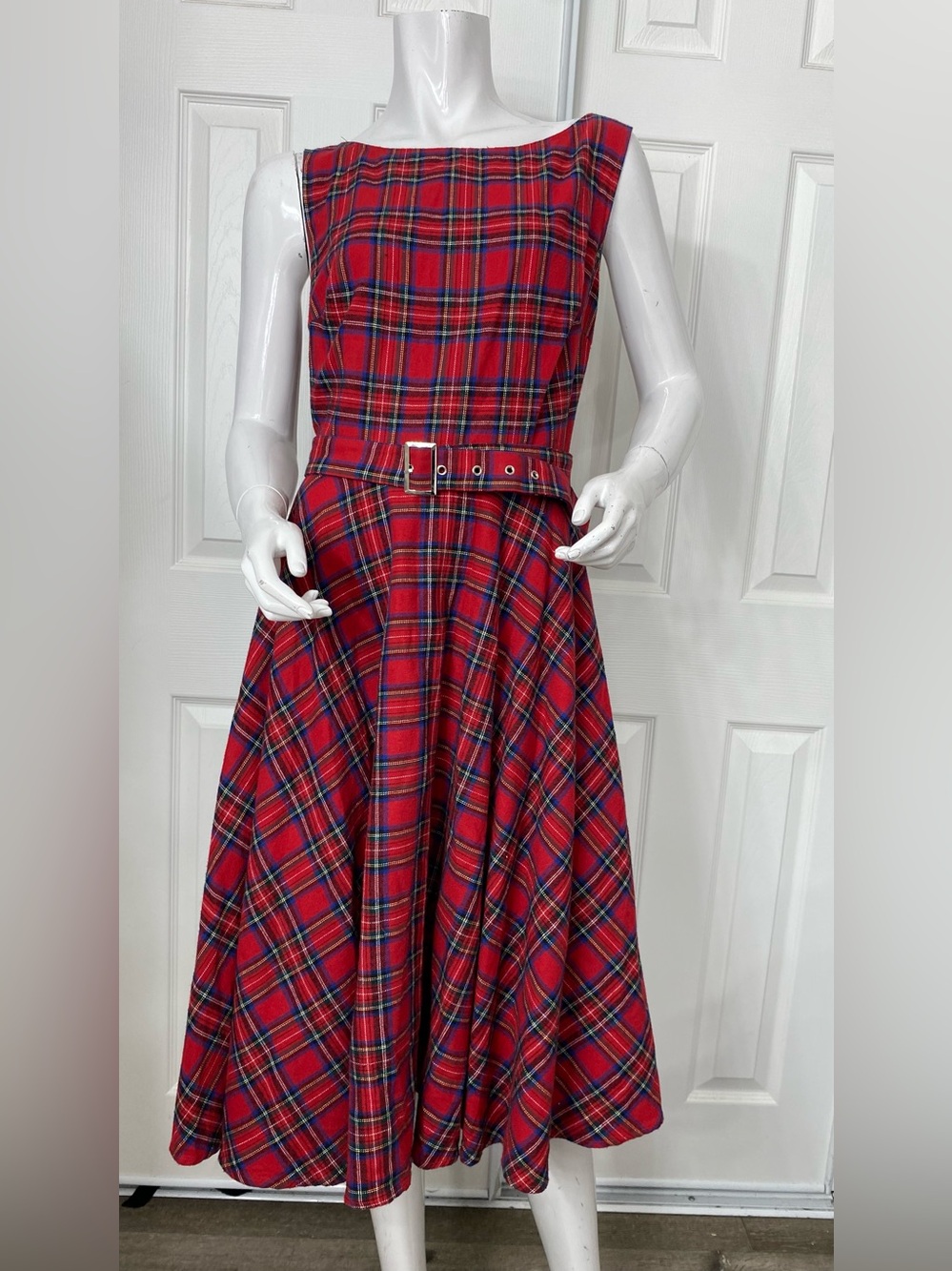 Red Plaid Sleeveless Belted Maxi Dress
